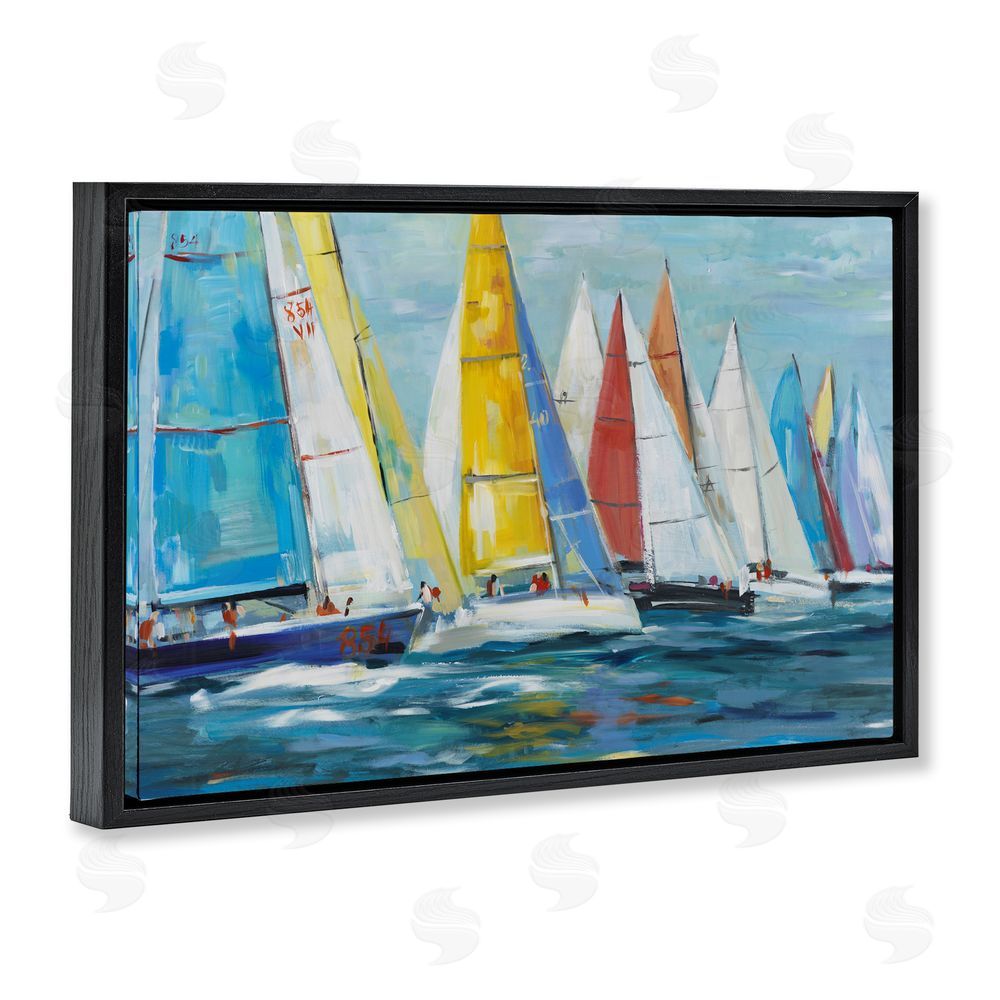 Sundance Graphics Colorful Sails Coastal Scene Black Floating Frame Canvas Wall Art Print