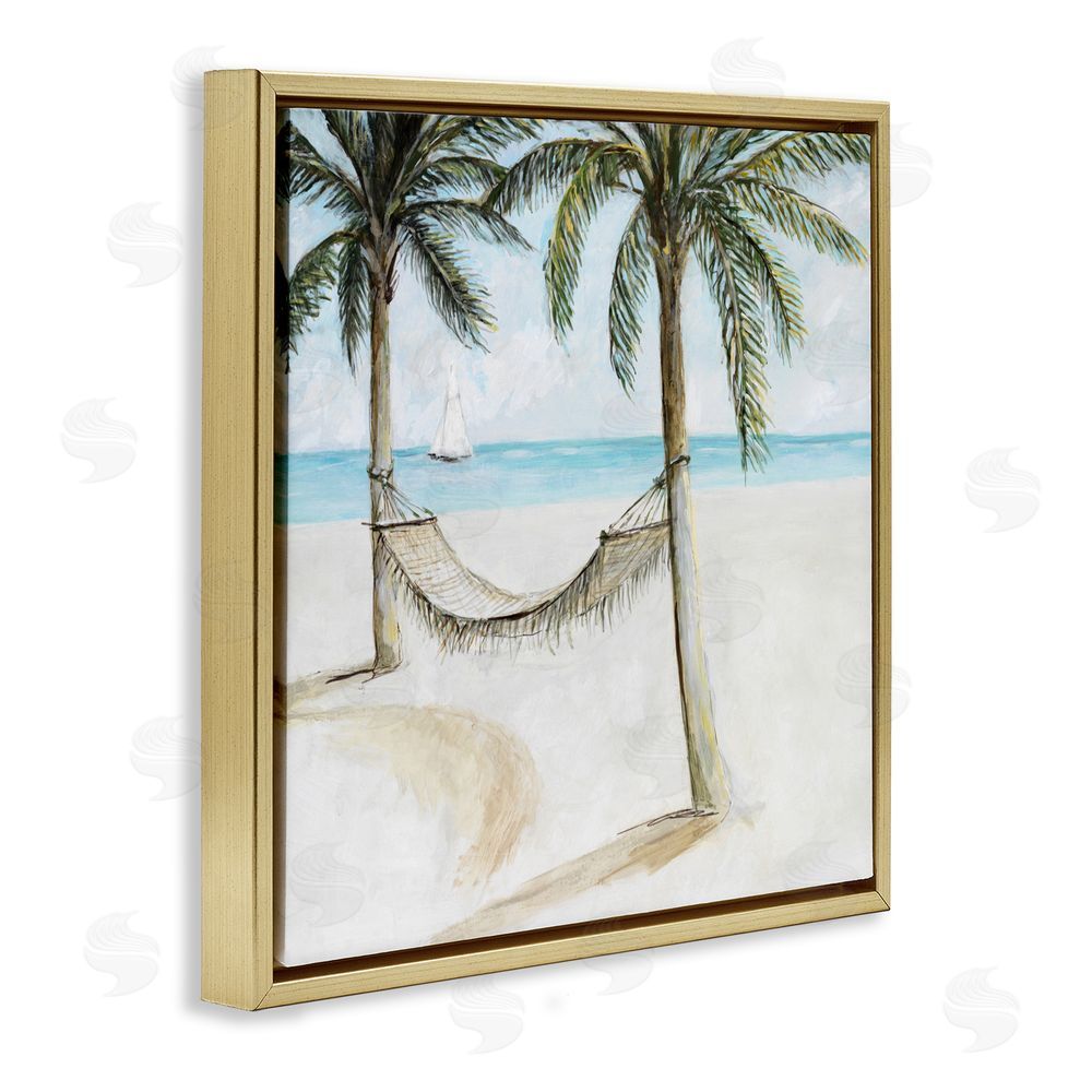 Sundance Graphics Beach Hammock Coastal Scene Gold Floating Frame Canvas Wall Art Print