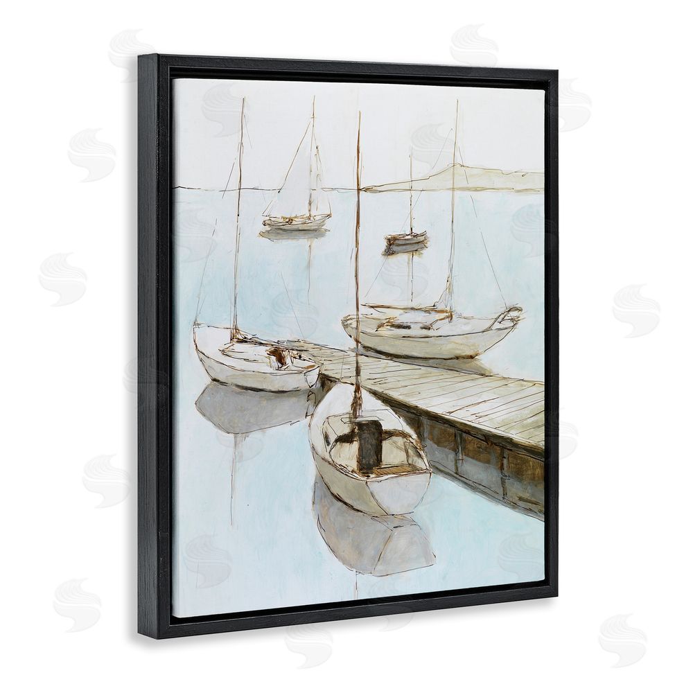 Sundance Graphics Docked Sails Coastal Scene Black Floating Frame Canvas Wall Art Print