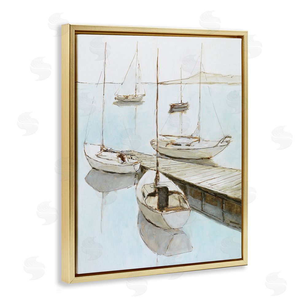Sundance Graphics Docked Sails Coastal Scene Gold Floating Frame Canvas Wall Art Print