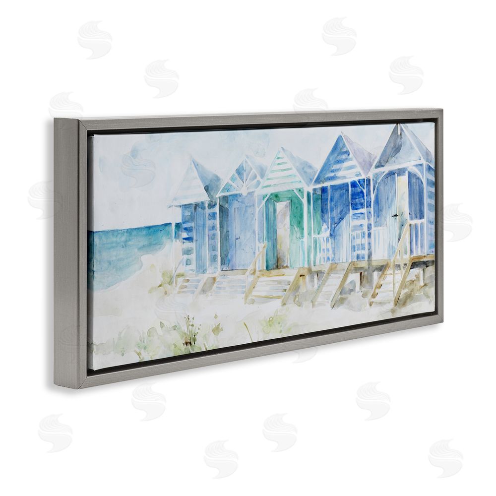 Sundance Graphics Beach Cabins in a Row Gray Floating Frame Canvas Wall Art Print