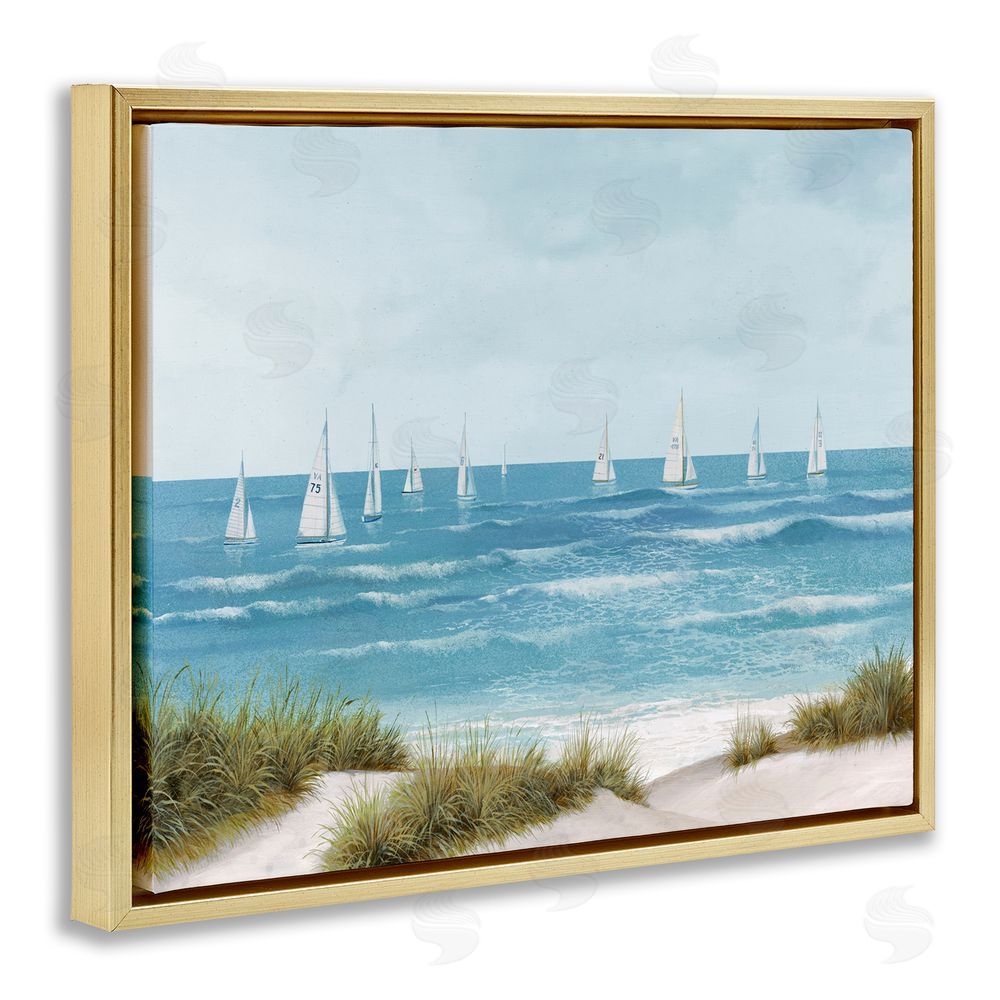 Sundance Graphics Sail Away Seaside Boats Gold Floating Frame Canvas Wall Art Print