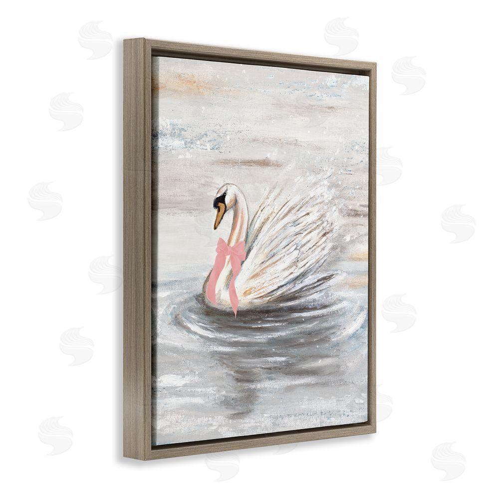 Sundance Graphics Swan With Pink Bow & Ripples Brown Floating Frame Canvas Wall Art Print