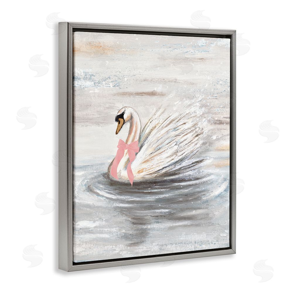 Sundance Graphics Swan With Pink Bow & Ripples Gray Floating Frame Canvas Wall Art Print