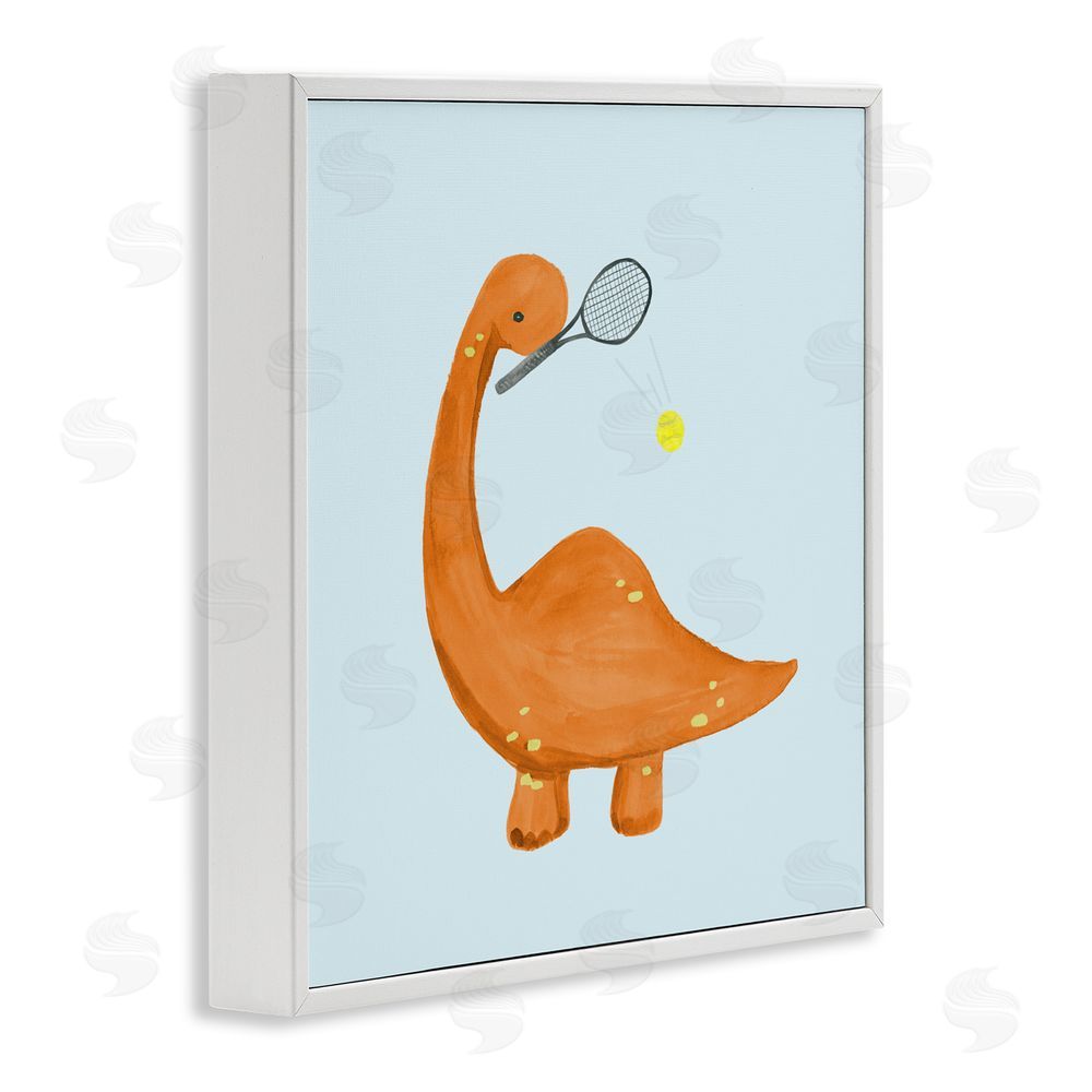 Sundance Graphics Baby Dino Playing Tennis White Framed Giclee Wall Art Print