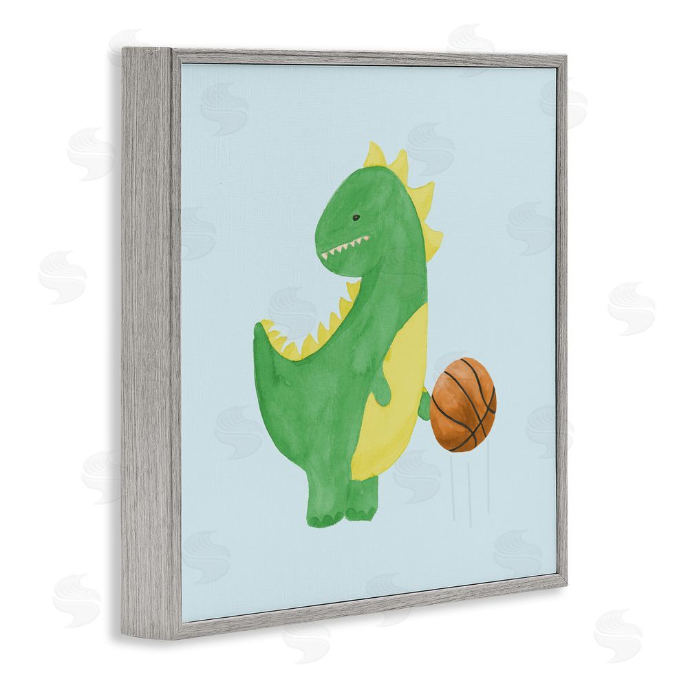 Sundance Graphics Baby Dino & Basketball Gray Framed Giclee Wall Art Print