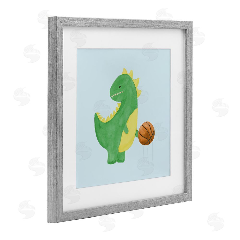 Sundance Graphics Baby Dino & Basketball Gray Framed Print Under Glass Wall Art