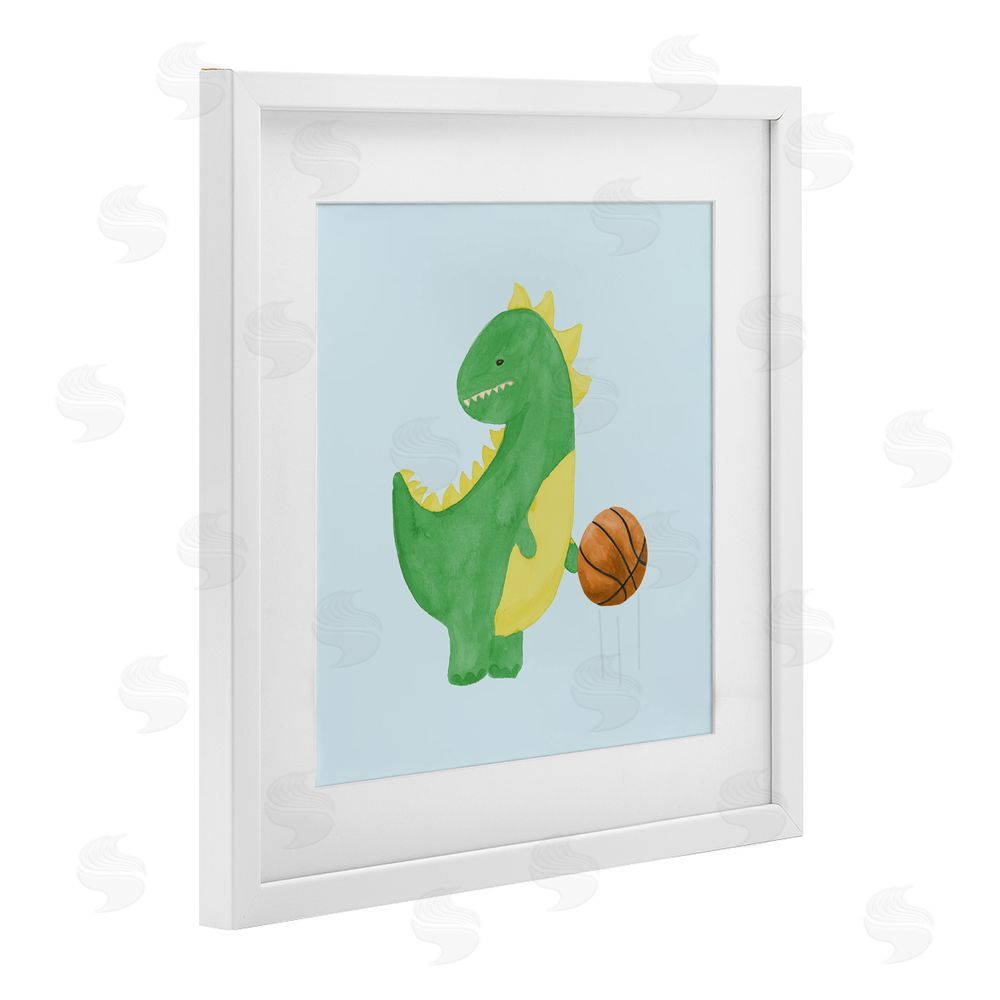 Sundance Graphics Baby Dino & Basketball White Framed Print Under Glass Wall Art