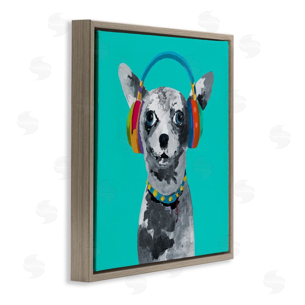 Sundance Graphics Jammin' Pup on Blue Brown Floating Frame Canvas Wall Art Print
