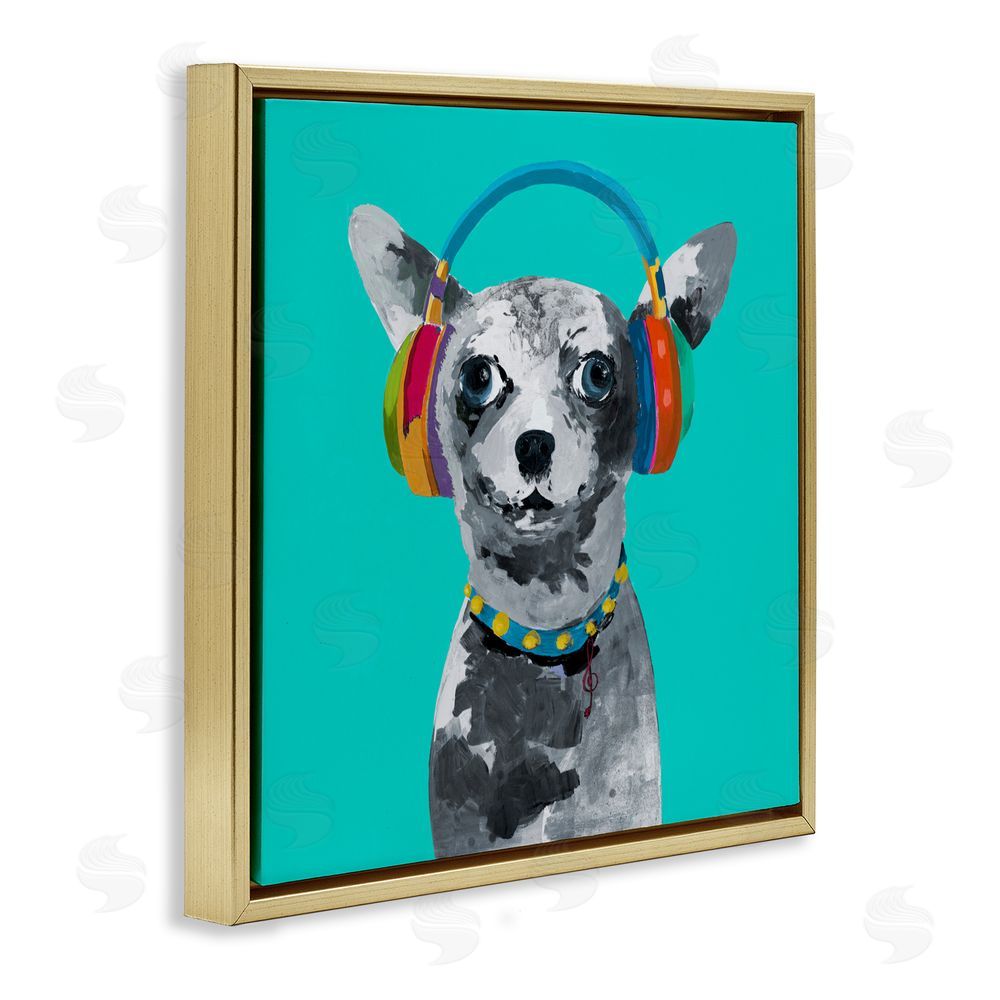 Sundance Graphics Jammin' Pup on Blue Gold Floating Frame Canvas Wall Art Print