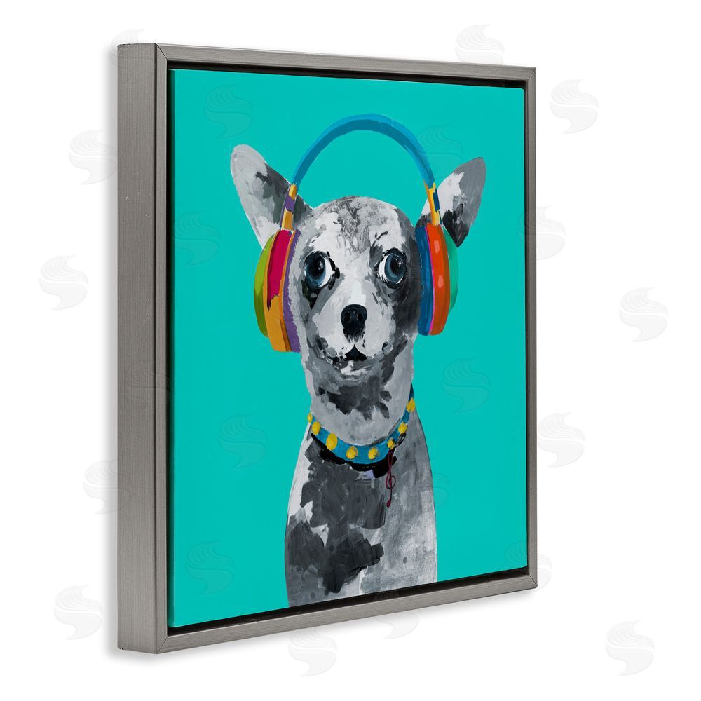 Sundance Graphics Jammin' Pup on Blue Gray Floating Frame Canvas Wall Art Print