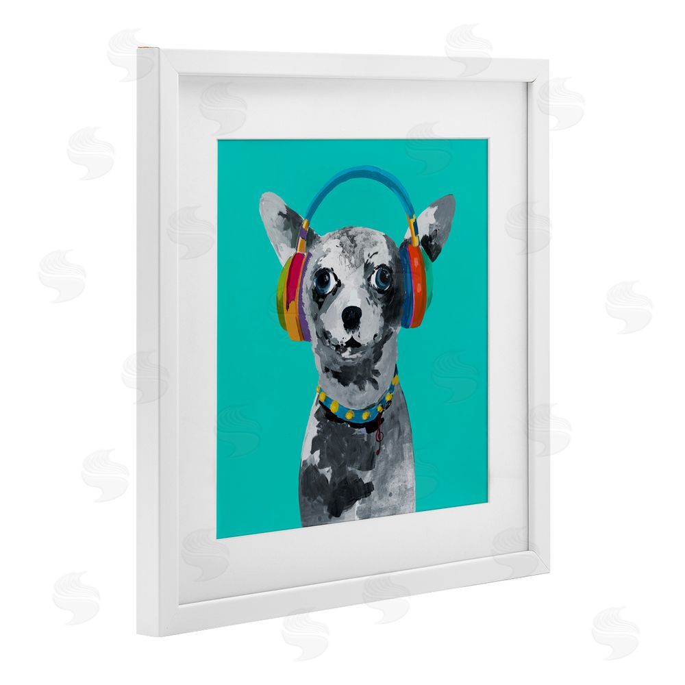 Sundance Graphics Jammin' Pup on Blue White Framed Print Under Glass Wall Art