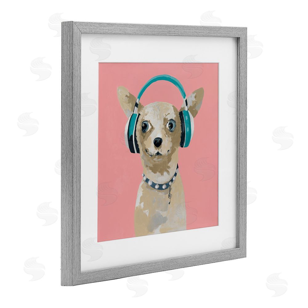 Sundance Graphics Jammin' Pup on Pink Gray Framed Print Under Glass Wall Art