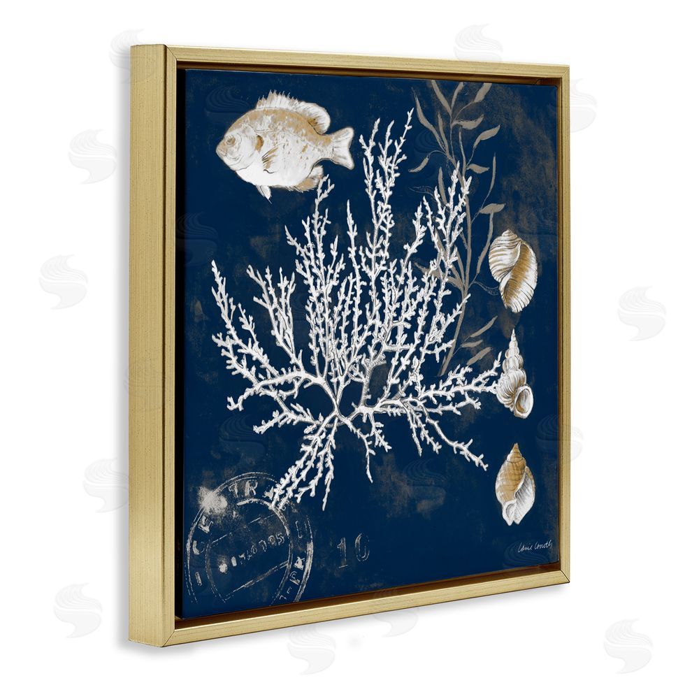 Sundance Graphics Coral Medley on Blue Gold Floating Frame Canvas Wall Art Print