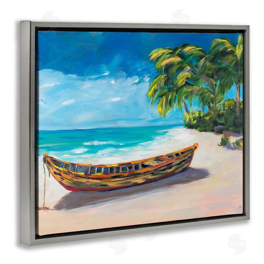Sundance Graphics Boat on Lost Island Gray Floating Frame Canvas Wall Art Print