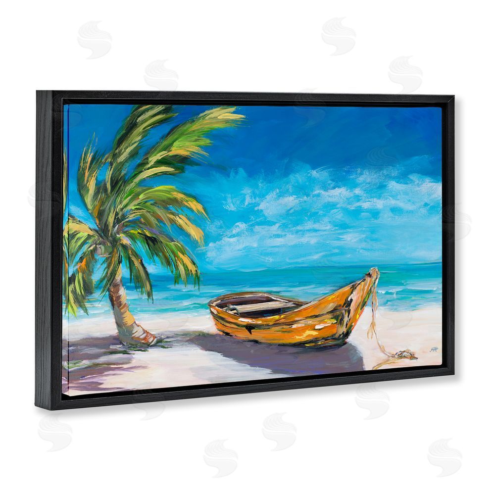 Sundance Graphics Lost Island Palm & Boat Black Floating Frame Canvas Wall Art Print