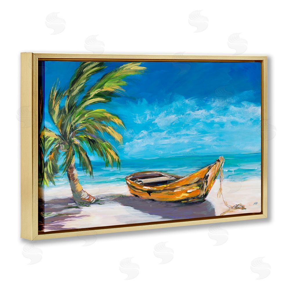 Sundance Graphics Lost Island Palm & Boat Gold Floating Frame Canvas Wall Art Print
