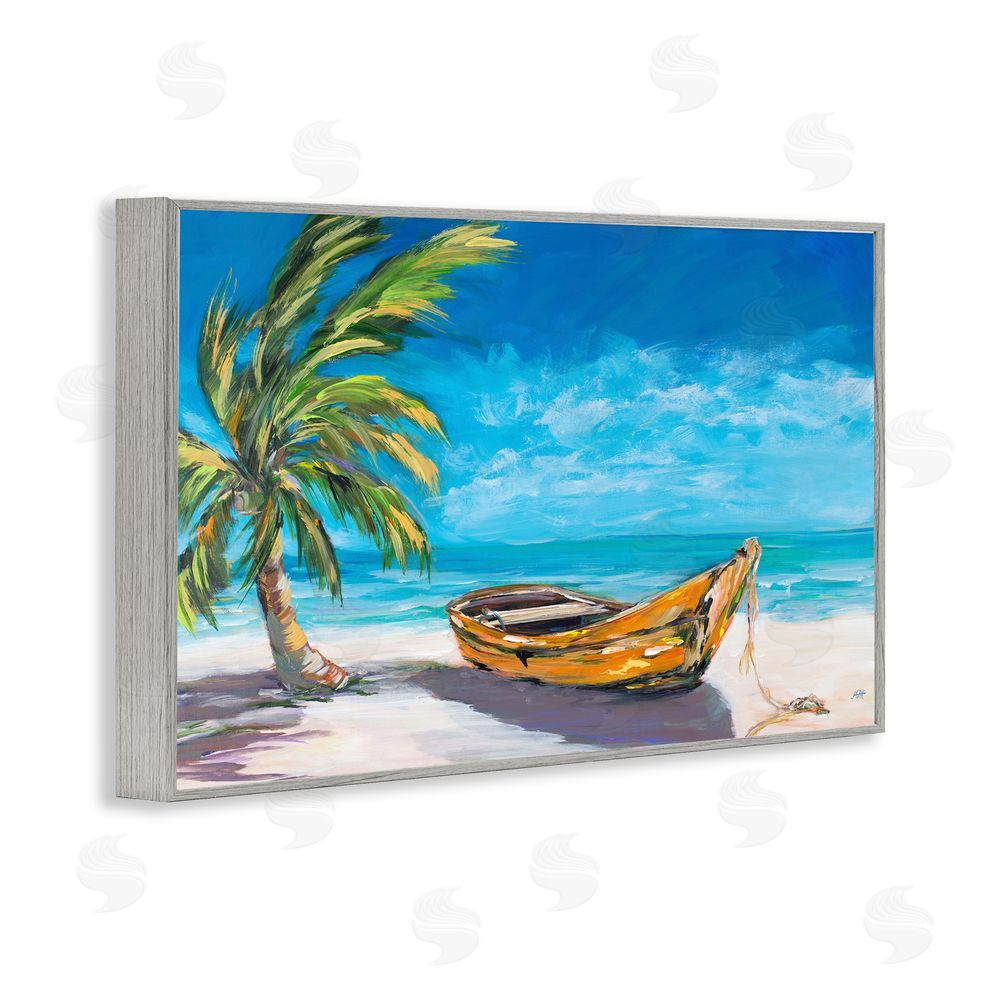 Sundance Graphics Lost Island Palm & Boat Gray Framed Giclee Wall Art Print