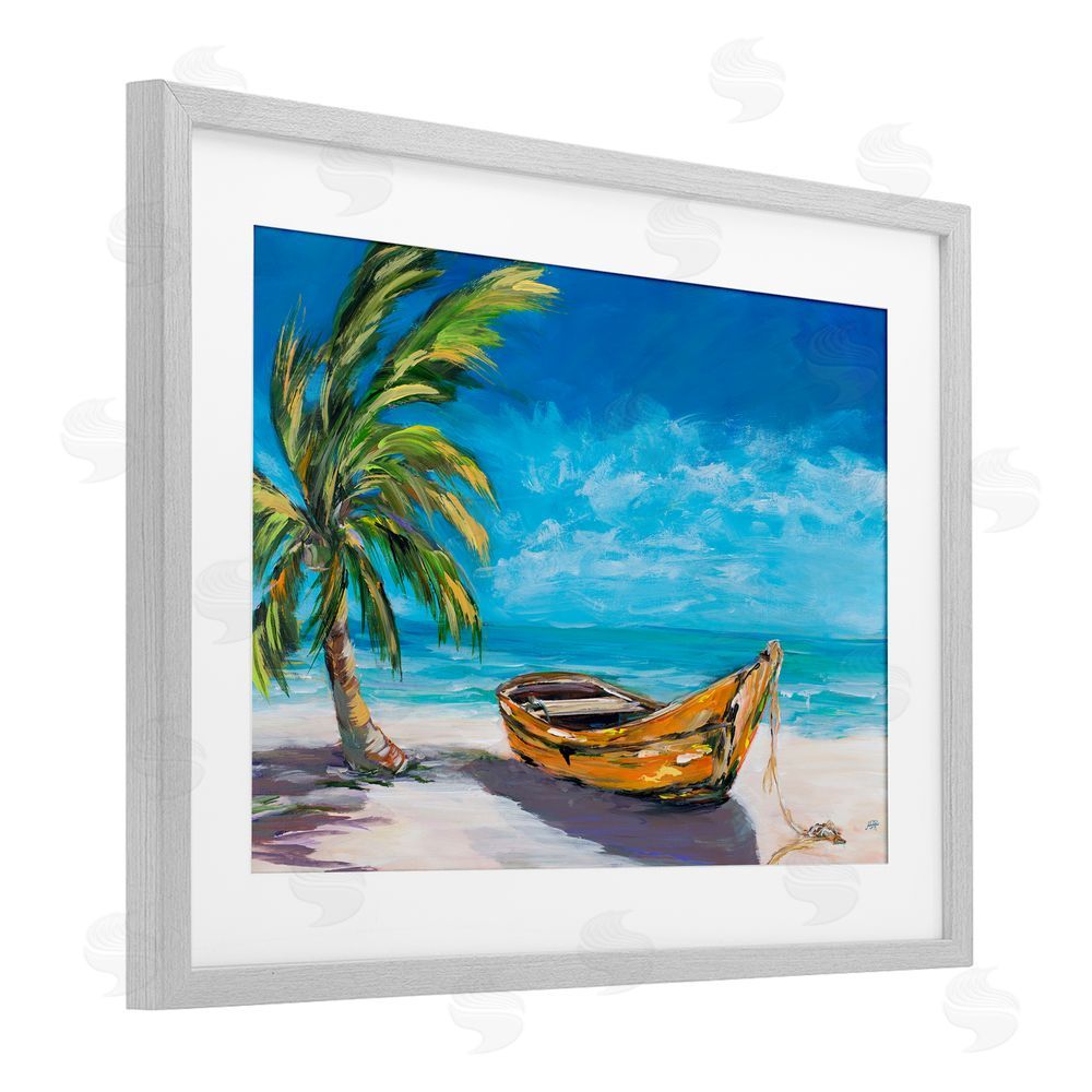 Sundance Graphics Lost Island Palm & Boat Gray Framed Print Under Glass Wall Art