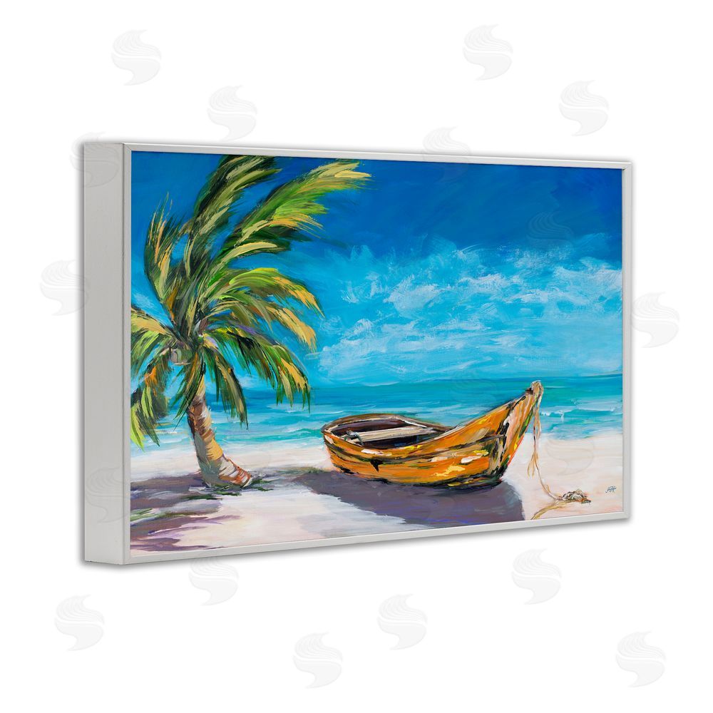 Sundance Graphics Lost Island Palm & Boat White Framed Giclee Wall Art Print