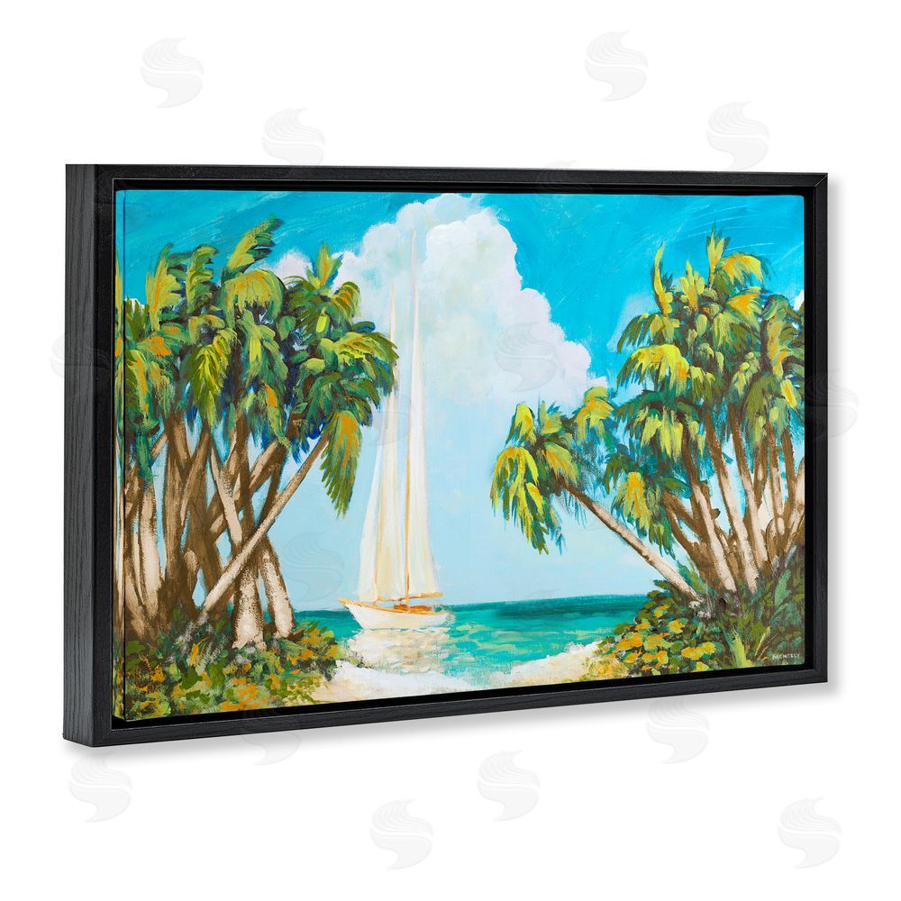 Sundance Graphics Sailboat Among Palms Black Floating Frame Canvas Wall Art Print