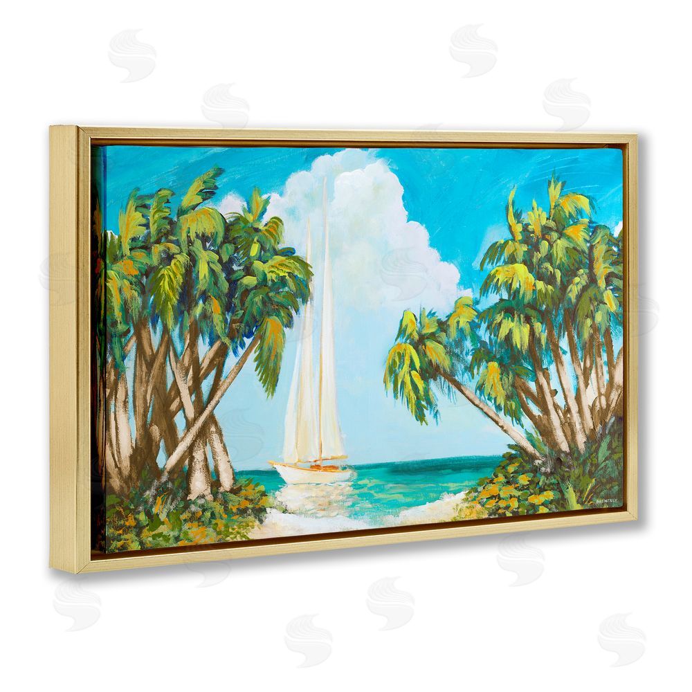 Sundance Graphics Sailboat Among Palms Gold Floating Frame Canvas Wall Art Print