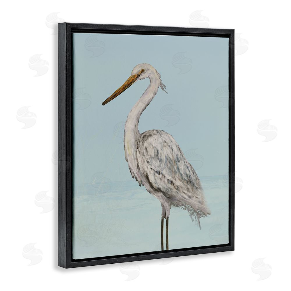 Sundance Graphics Coastal Heron Muted Blue Black Floating Frame Canvas Wall Art Print