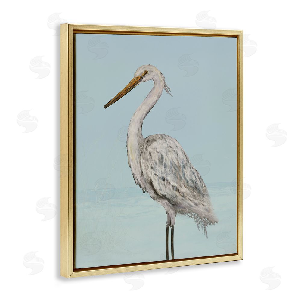 Sundance Graphics Coastal Heron Muted Blue Gold Floating Frame Canvas Wall Art Print