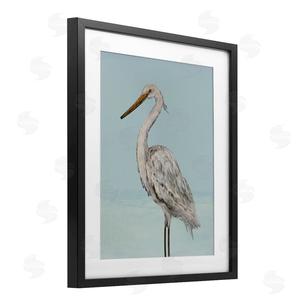 Sundance Graphics Coastal Heron Muted Blue Black Framed Print Under Glass Wall Art