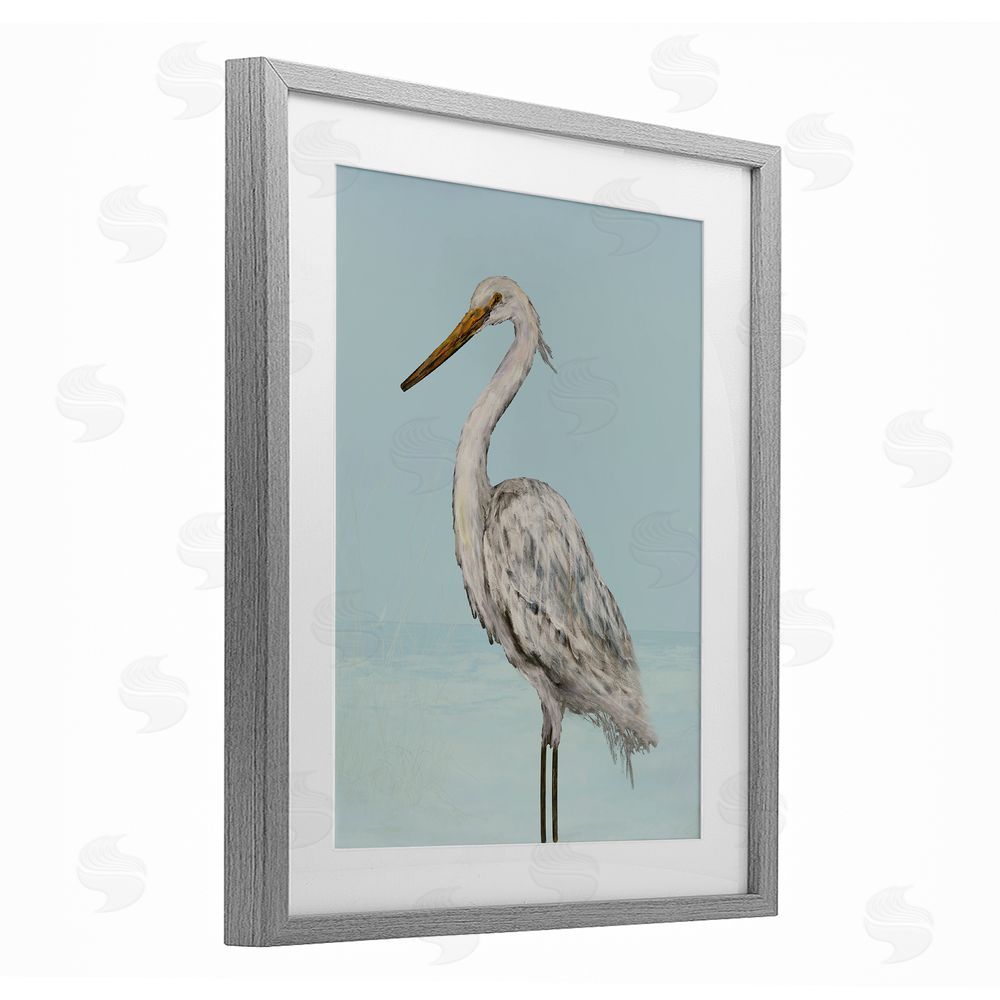 Sundance Graphics Coastal Heron Muted Blue Gray Framed Print Under Glass Wall Art