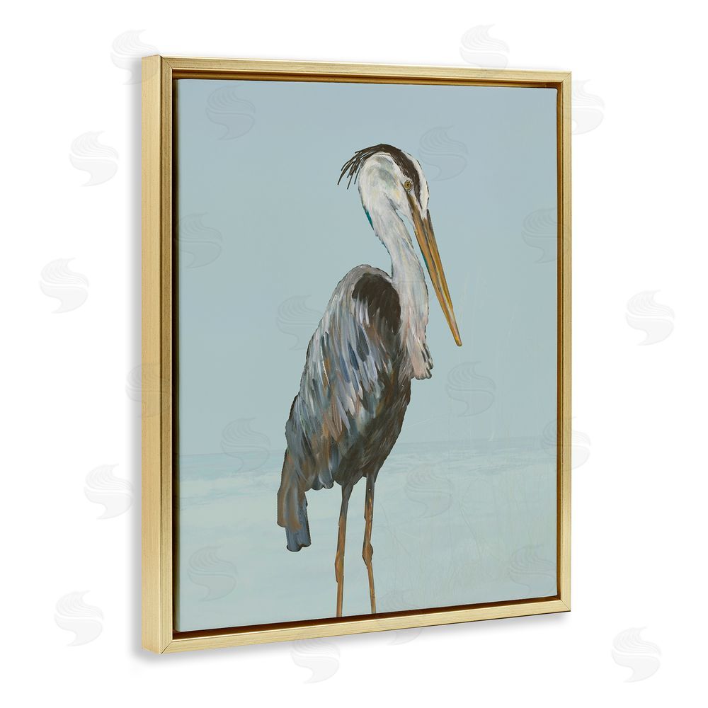 Sundance Graphics Coastal Pelican Muted Blue Gold Floating Frame Canvas Wall Art Print