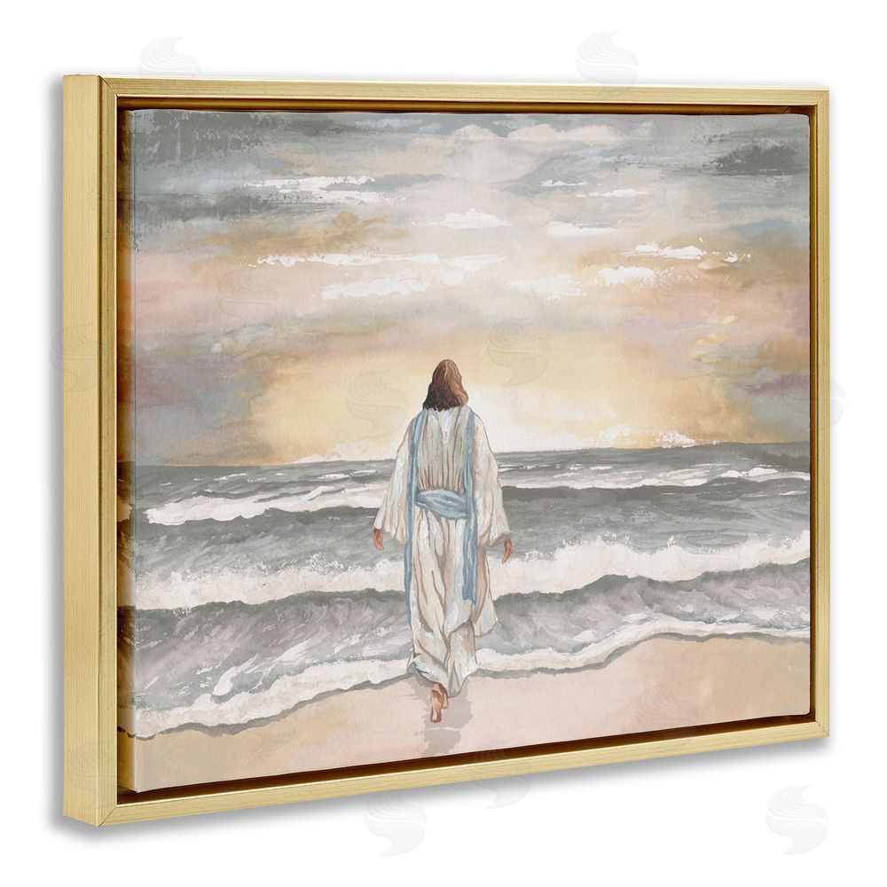Sundance Graphics Jesus Walks The Shore Gold Floating Frame Canvas Wall Art Print