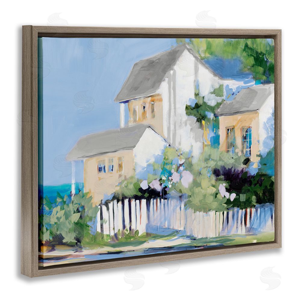 Sundance Graphics Living by the Water Cottage Brown Floating Frame Canvas Wall Art Print