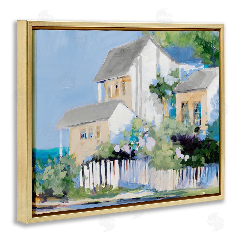 Sundance Graphics Living by the Water Cottage Gold Floating Frame Canvas Wall Art Print