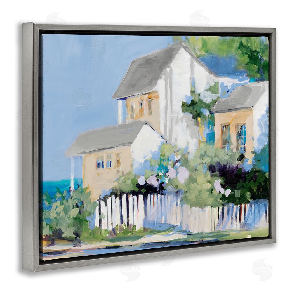 Sundance Graphics Living by the Water Cottage Gray Floating Frame Canvas Wall Art Print