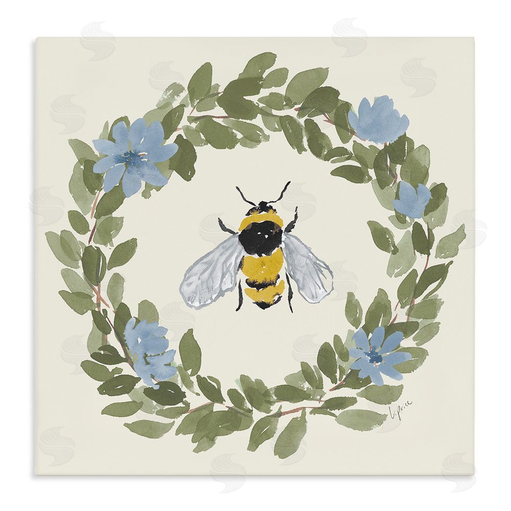 Lucille Price Floral Wreath Bee Celebration Stretched Canvas Wall Art