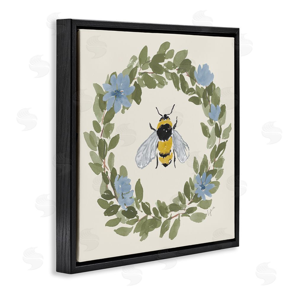Lucille Price Floral Wreath Bee Celebration Black Floating Framed Canvas Wall Art
