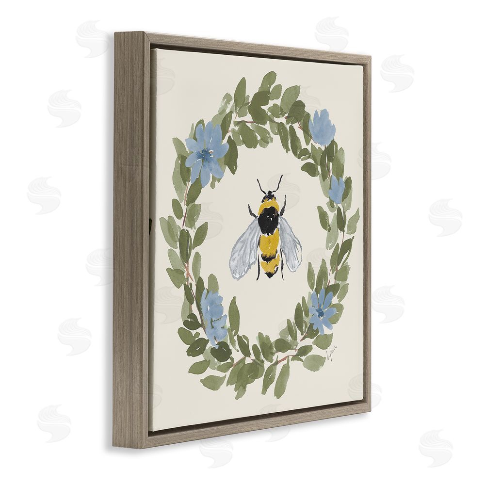 Lucille Price Floral Wreath Bee Celebration Brown Floating Framed Canvas Wall Art