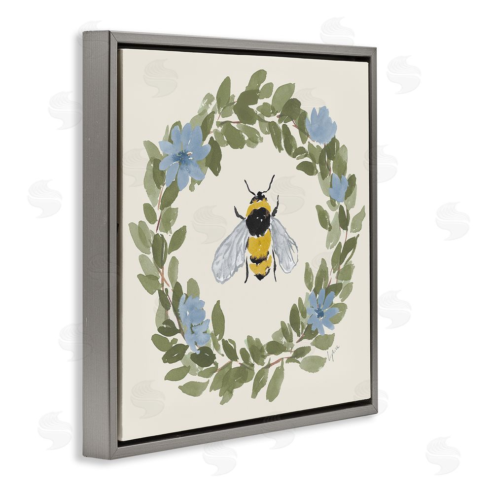 Lucille Price Floral Wreath Bee Celebration Gray Floating Framed Canvas Wall Art