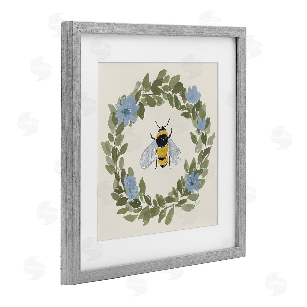 Lucille Price Floral Wreath Bee Celebration Gray Framed Print Under Glass Wall Art