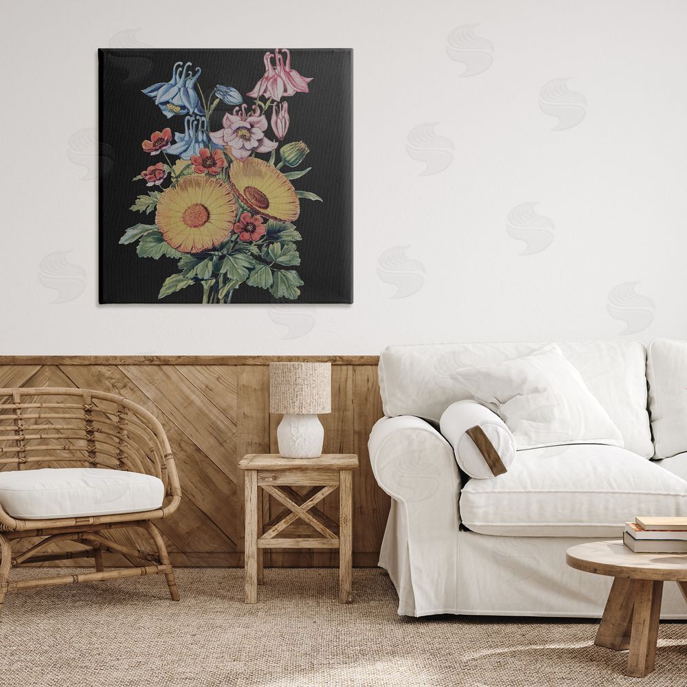 Dan Meneely Vintage Bouquet Study on Black Stretched Canvas Wall Art Print in Room