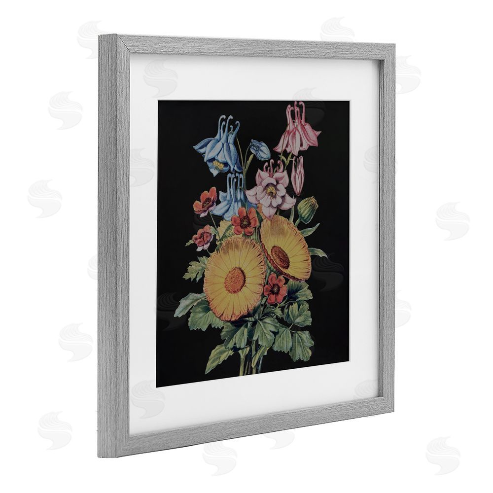 Dan Meneely Vintage Bouquet Study on Black Gray Framed Print Under Glass Wall Art
