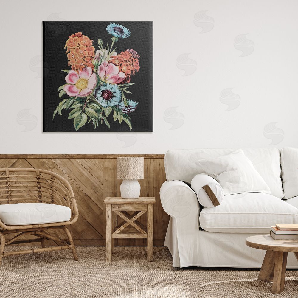 Dan Meneely Vintage Bouquet Study over Black Stretched Canvas Wall Art Print in Room