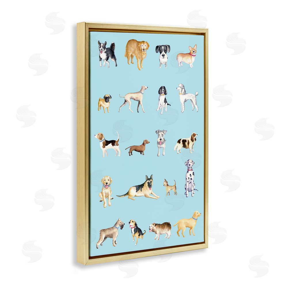 Sundance Graphics Dog Breeds on Blue Gold Floating Frame Canvas Wall Art Print