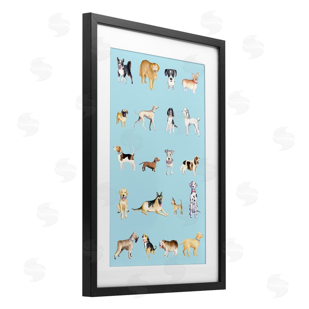 Sundance Graphics Dog Breeds on Blue Black Framed Print Under Glass Wall Art