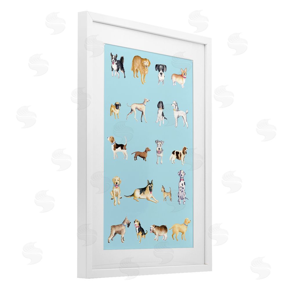 Sundance Graphics Dog Breeds on Blue White Framed Print Under Glass Wall Art