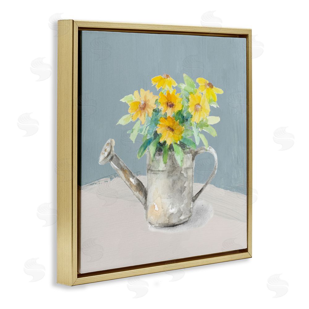 Sundance Graphics Daisies in Watering Can Gold Floating Frame Canvas Wall Art Print