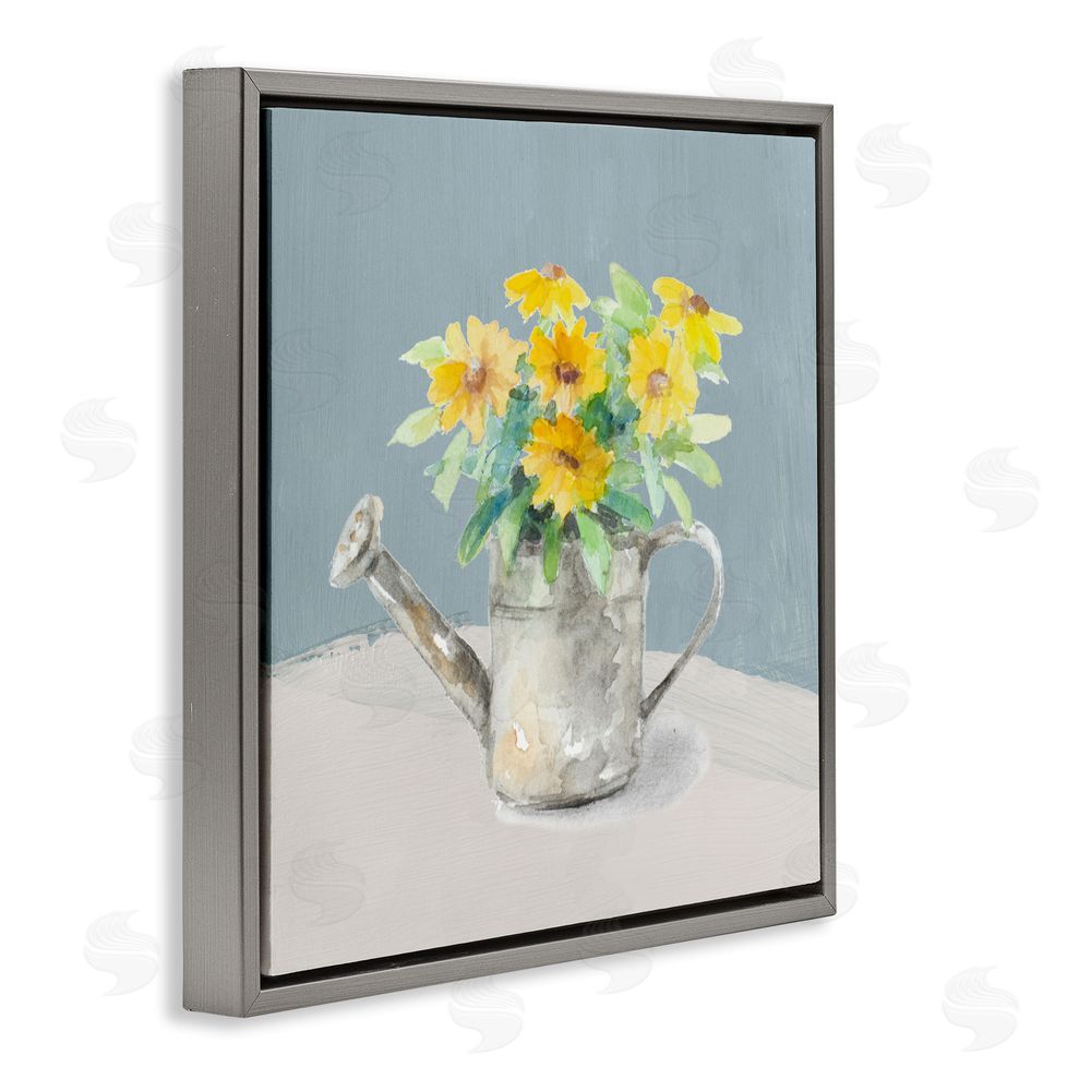 Sundance Graphics Daisies in Watering Can Gray Floating Frame Canvas Wall Art Print