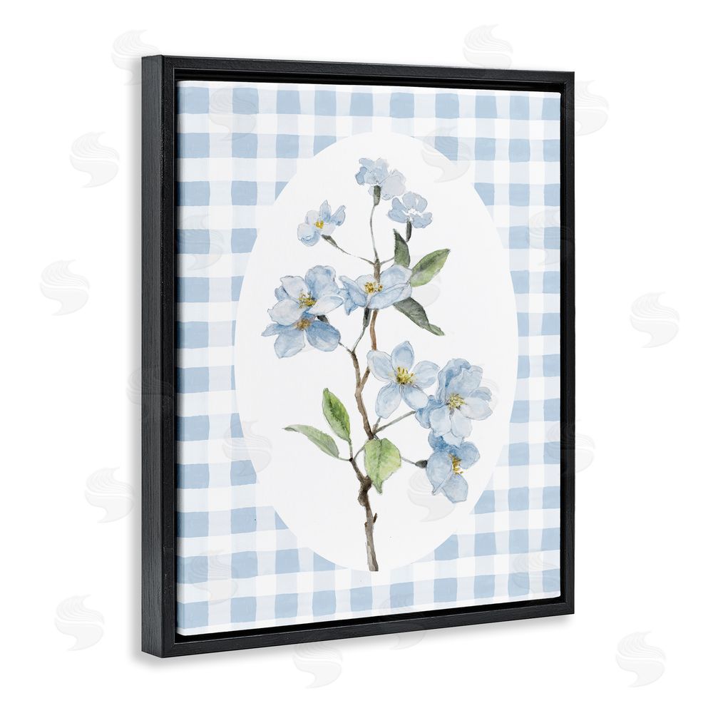 Sundance Graphics Blooms on Blue Checkers Black Floating Frame Canvas Wall Art Print