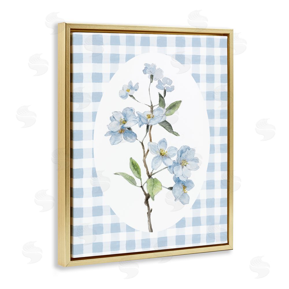 Sundance Graphics Blooms on Blue Checkers Gold Floating Frame Canvas Wall Art Print